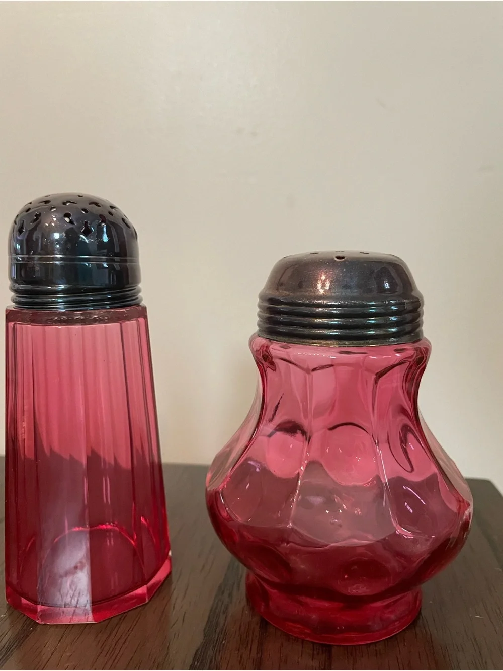 Vintage Pink Glass Salt and Pepper Shakers with Metal Tops